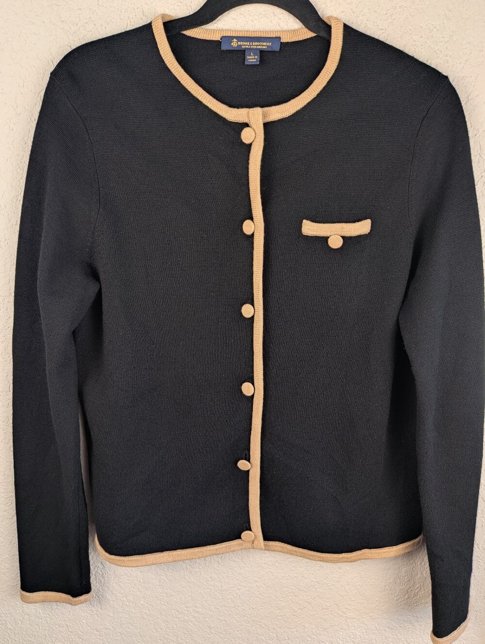 Brooks Brothers 100% Fine Merino Wool Contrast-Trim Cardigan L Black Tan Chic